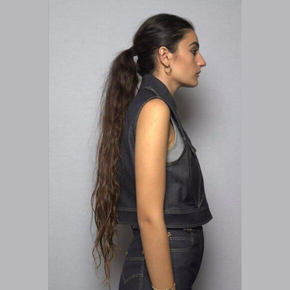 NWT VERSACE Tribute Blue Dark Wash Denim Gold Medusa Button Cropped Vest - Picture 7 of 11